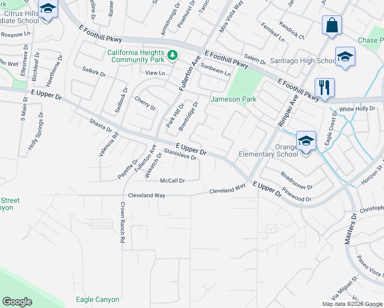 map of restaurants, bars, coffee shops, grocery stores, and more near 1041 Stanislaus Drive in Corona