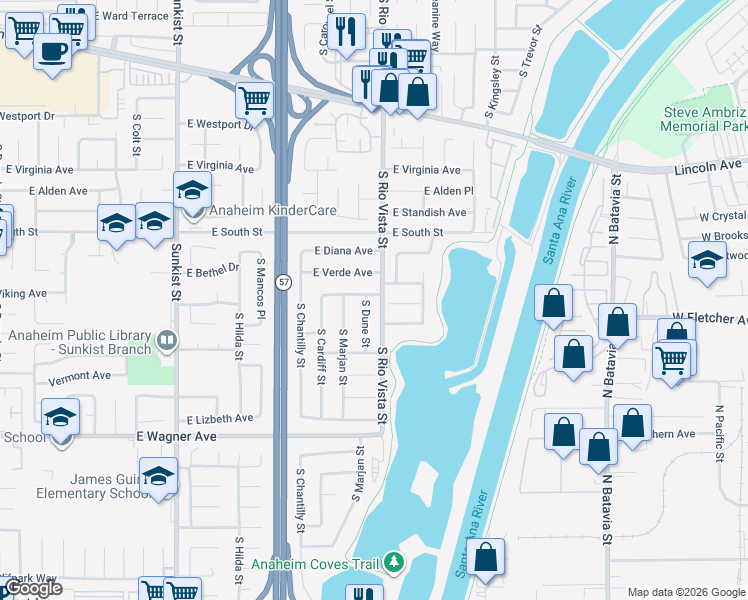 map of restaurants, bars, coffee shops, grocery stores, and more near 805 South Stehley Street in Anaheim