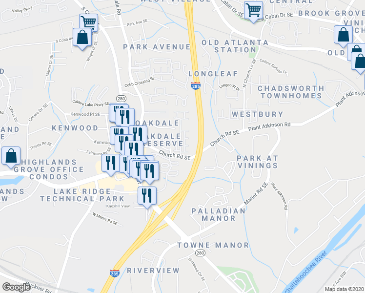 map of restaurants, bars, coffee shops, grocery stores, and more near 5144 Whiteoak Terrace Southeast in Smyrna