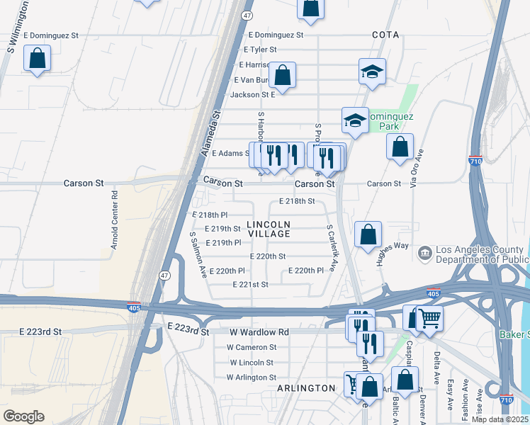 map of restaurants, bars, coffee shops, grocery stores, and more near 21823 South Embassy Avenue in Carson