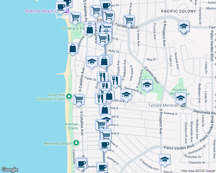 map of restaurants, bars, coffee shops, grocery stores, and more near 706 South Pacific Coast Highway in Redondo Beach