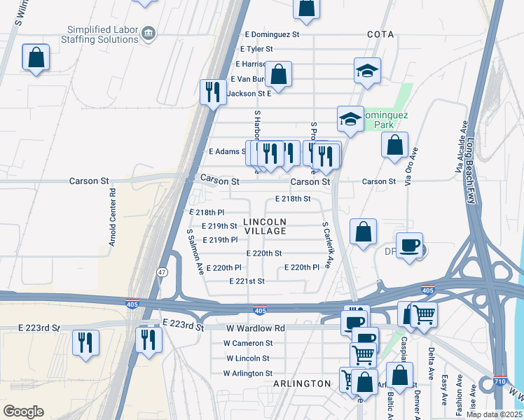 map of restaurants, bars, coffee shops, grocery stores, and more near 21823 South Embassy Avenue in Carson