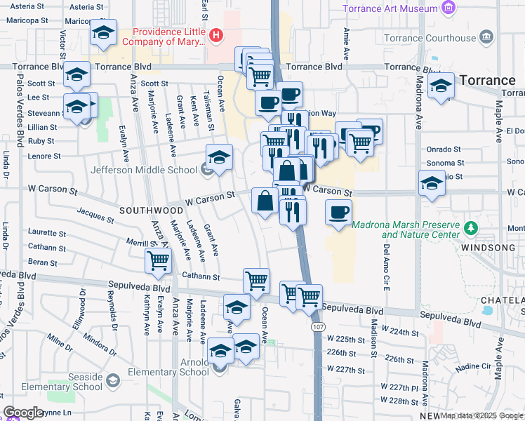 map of restaurants, bars, coffee shops, grocery stores, and more near 3878 West Carson Street in Torrance