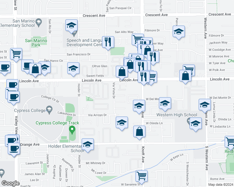 map of restaurants, bars, coffee shops, grocery stores, and more near 6801 Via Norte Circle in Buena Park
