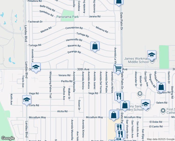 map of restaurants, bars, coffee shops, grocery stores, and more near 30005 Avenida Alvera in Cathedral City