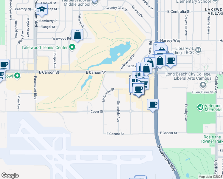 map of restaurants, bars, coffee shops, grocery stores, and more near 3881 McGowen Street in Lakewood