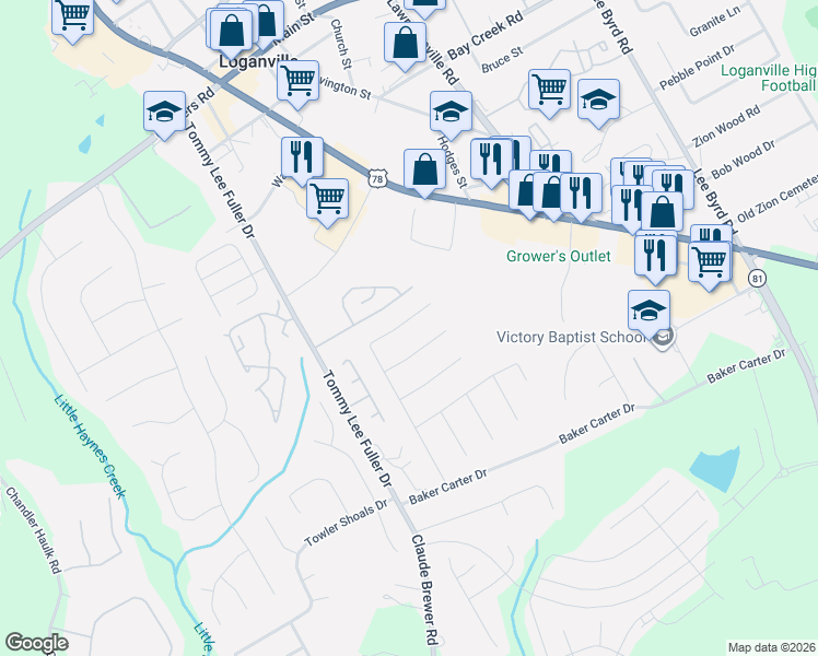 map of restaurants, bars, coffee shops, grocery stores, and more near 1246 Saint James Place in Loganville