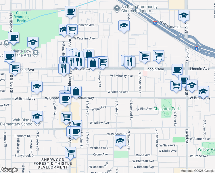 map of restaurants, bars, coffee shops, grocery stores, and more near 230 South Camellia Street in Anaheim