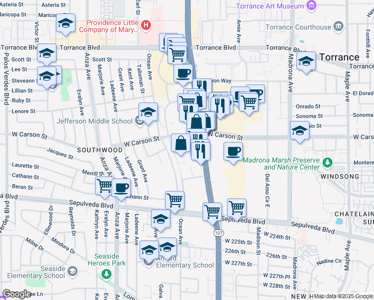 map of restaurants, bars, coffee shops, grocery stores, and more near 3878 West Carson Street in Torrance