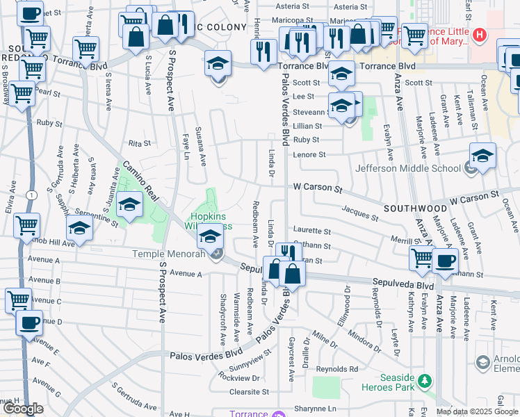 map of restaurants, bars, coffee shops, grocery stores, and more near 21814 Redbeam Avenue in Torrance