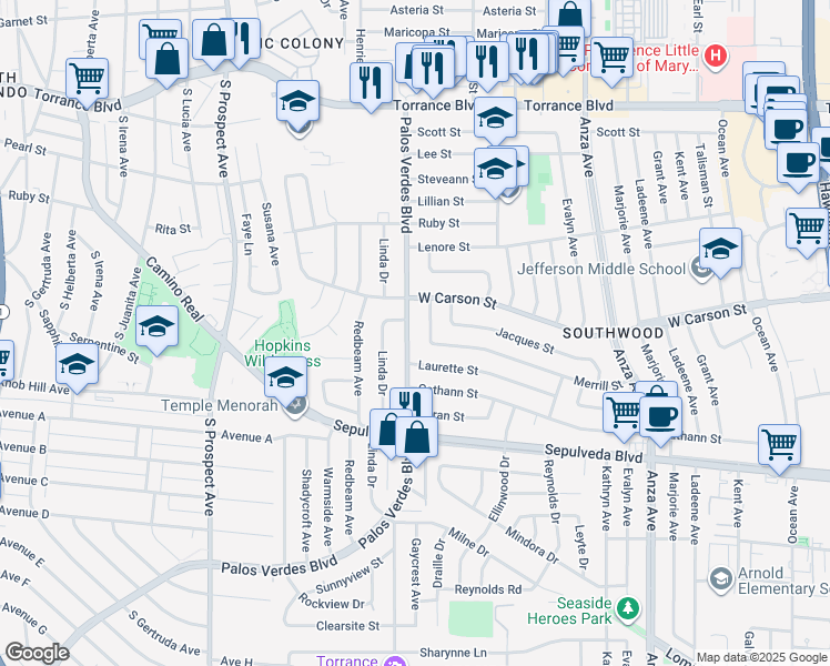 map of restaurants, bars, coffee shops, grocery stores, and more near 21814 Palos Verdes Boulevard in Torrance