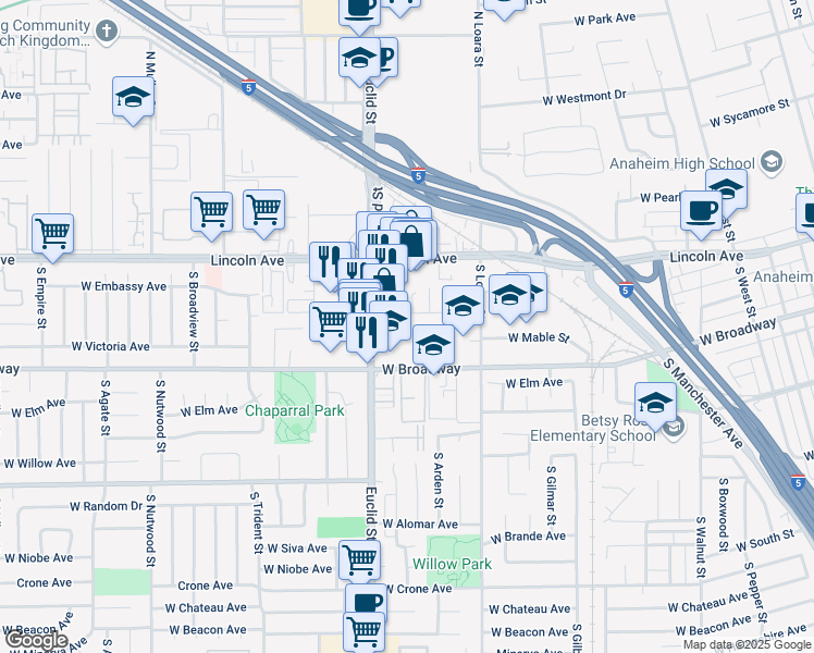 map of restaurants, bars, coffee shops, grocery stores, and more near 216 South Euclid Street in Anaheim