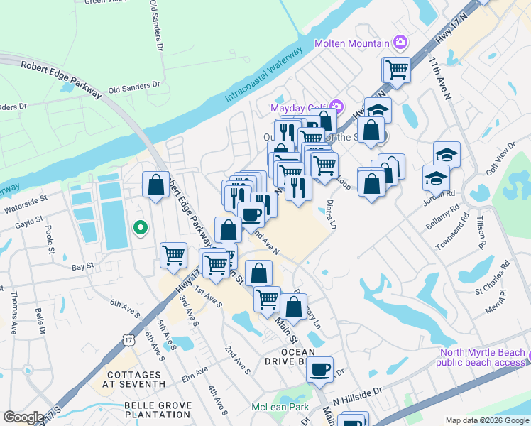 map of restaurants, bars, coffee shops, grocery stores, and more near 303 Highway 17 North in North Myrtle Beach