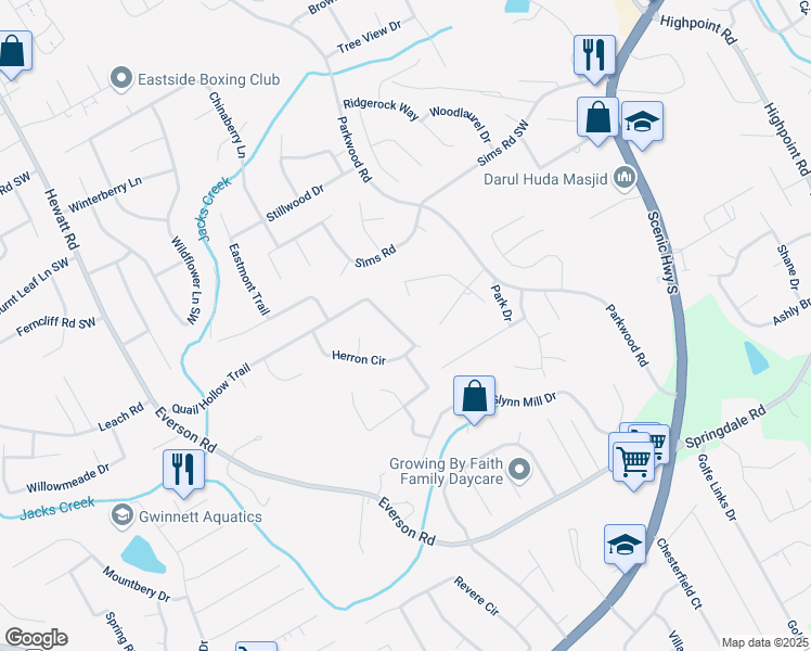 map of restaurants, bars, coffee shops, grocery stores, and more near 2730 Broxton Mill Court in Snellville