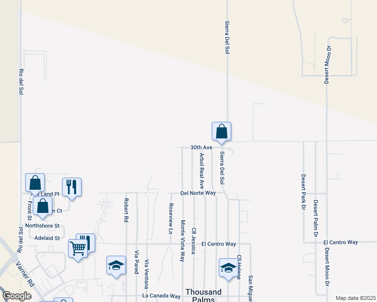 map of restaurants, bars, coffee shops, grocery stores, and more near 30085 Calle Jessica in Thousand Palms
