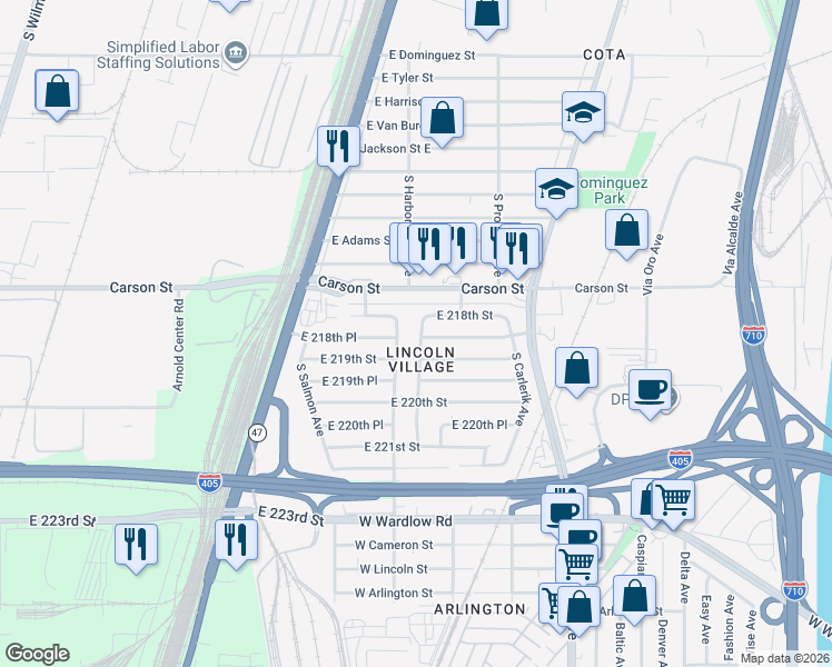 map of restaurants, bars, coffee shops, grocery stores, and more near 21823 South Embassy Avenue in Carson