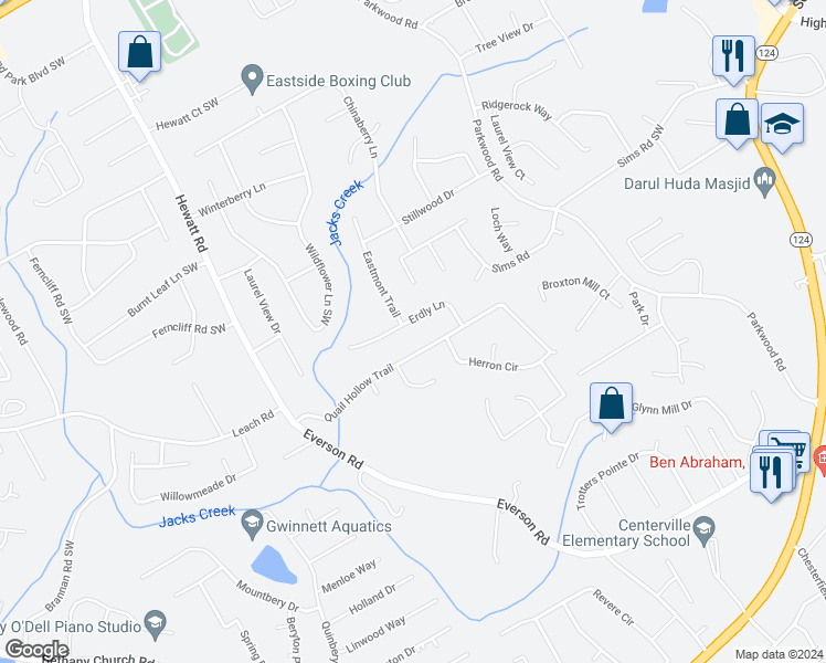 map of restaurants, bars, coffee shops, grocery stores, and more near 3610 Erdly Lane in Snellville