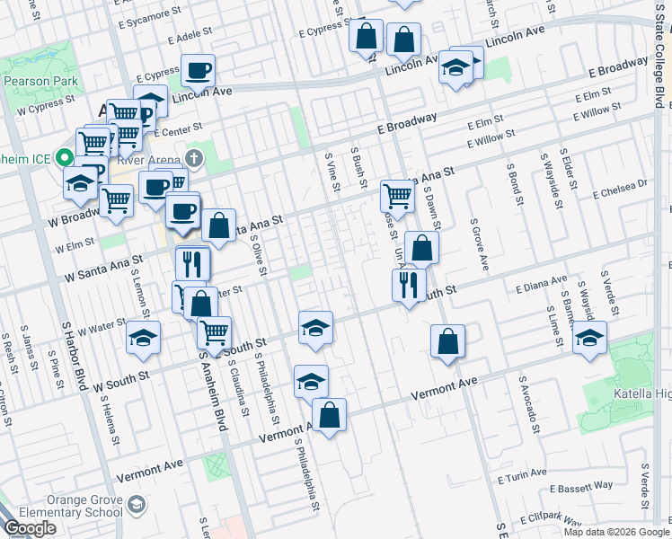 map of restaurants, bars, coffee shops, grocery stores, and more near 714 South Casita Street in Anaheim