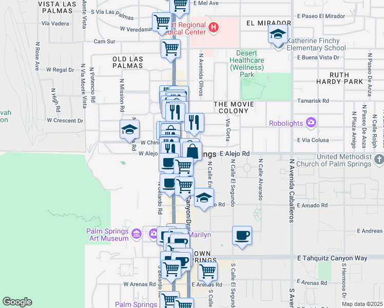 map of restaurants, bars, coffee shops, grocery stores, and more near in Palm Springs