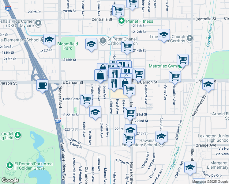 map of restaurants, bars, coffee shops, grocery stores, and more near in Hawaiian Gardens