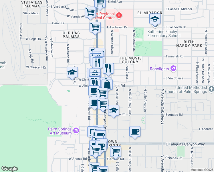 map of restaurants, bars, coffee shops, grocery stores, and more near in Palm Springs