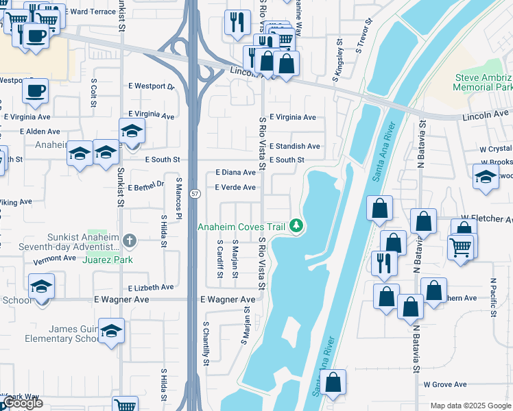 map of restaurants, bars, coffee shops, grocery stores, and more near 805 South Stehley Street in Anaheim