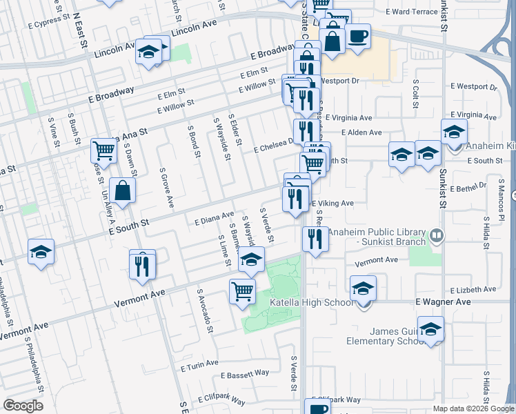 map of restaurants, bars, coffee shops, grocery stores, and more near 725 South Elder Street in Anaheim