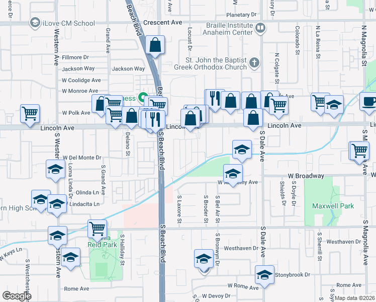 map of restaurants, bars, coffee shops, grocery stores, and more near 124 South Laxore Street in Anaheim