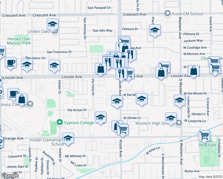 map of restaurants, bars, coffee shops, grocery stores, and more near 6900 Lincoln Avenue in Buena Park