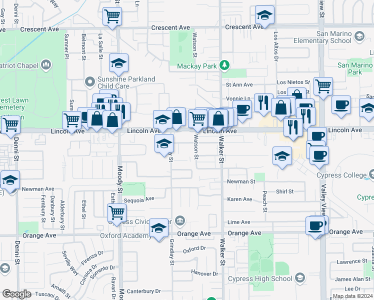 map of restaurants, bars, coffee shops, grocery stores, and more near 5341 Bishop Street in Cypress