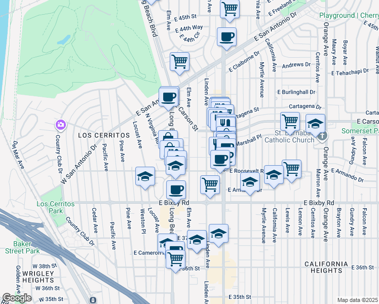 map of restaurants, bars, coffee shops, grocery stores, and more near 4011 Elm Avenue in Long Beach