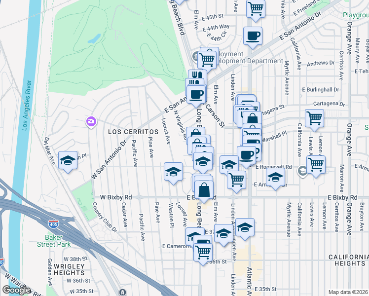 map of restaurants, bars, coffee shops, grocery stores, and more near 4005 North Virginia Road in Long Beach