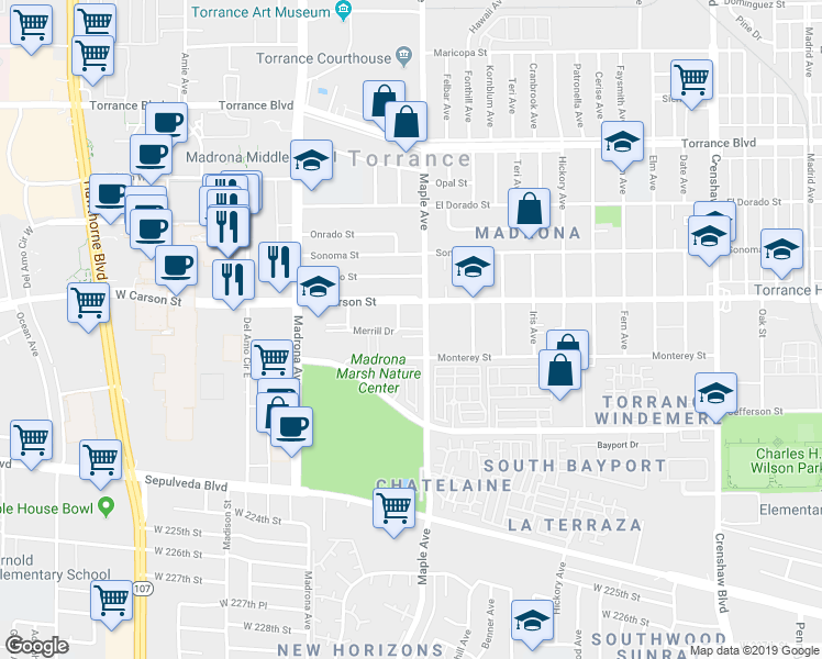 map of restaurants, bars, coffee shops, grocery stores, and more near 3115 Merrill Drive in Torrance