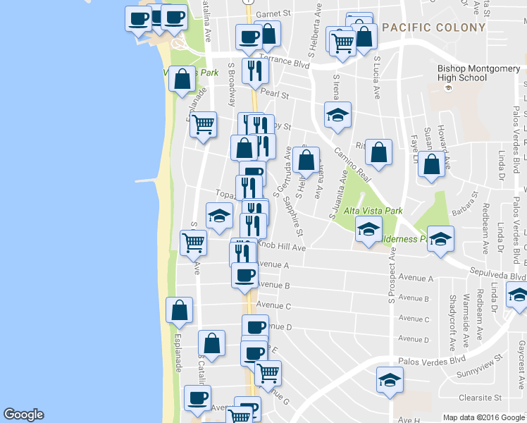 map of restaurants, bars, coffee shops, grocery stores, and more near 624 South Pacific Coast Highway in Redondo Beach