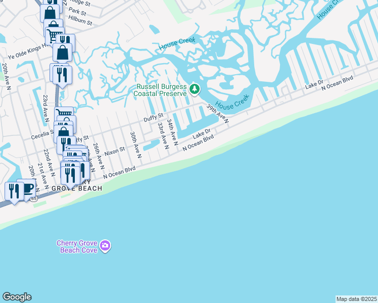 map of restaurants, bars, coffee shops, grocery stores, and more near 3501 North Ocean Boulevard in North Myrtle Beach