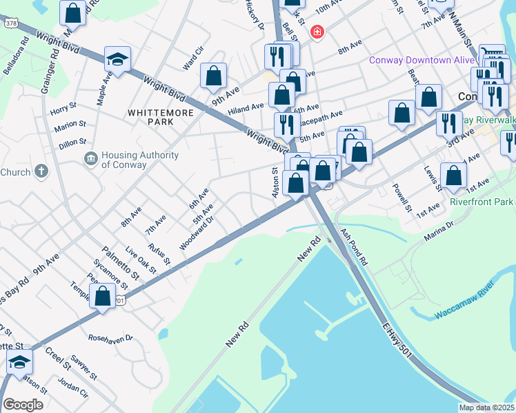 map of restaurants, bars, coffee shops, grocery stores, and more near 501 Myrtle Street in Conway
