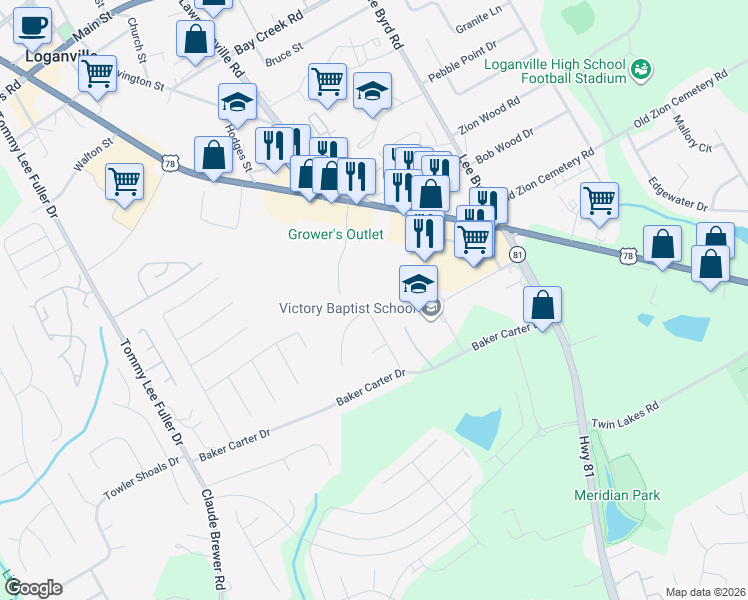 map of restaurants, bars, coffee shops, grocery stores, and more near 918 Parkplace in Loganville