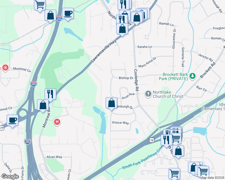 map of restaurants, bars, coffee shops, grocery stores, and more near 1655 Avon Avenue in Tucker