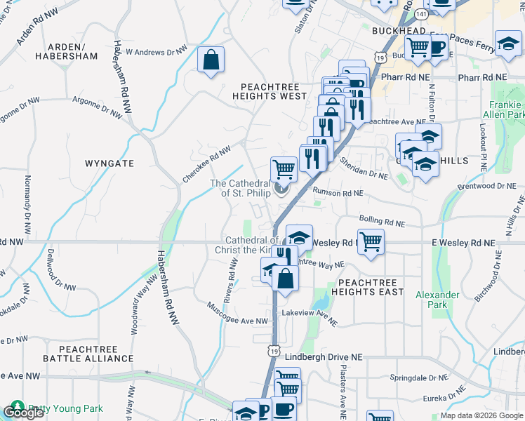 map of restaurants, bars, coffee shops, grocery stores, and more near 2774 Andrews Drive Northwest in Atlanta