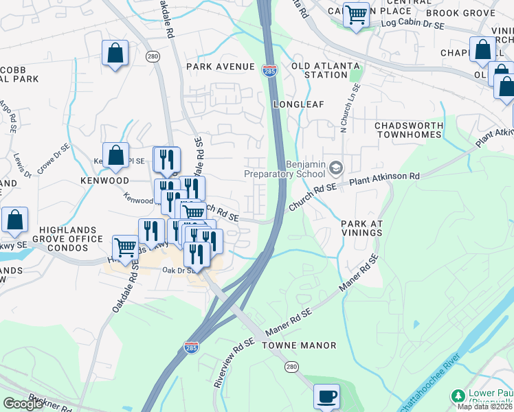 map of restaurants, bars, coffee shops, grocery stores, and more near 5144 Whiteoak Terrace Southeast in Smyrna