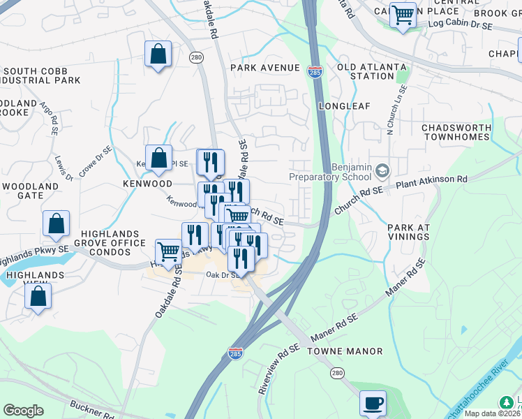 map of restaurants, bars, coffee shops, grocery stores, and more near 2191 Church Road Southeast in Smyrna