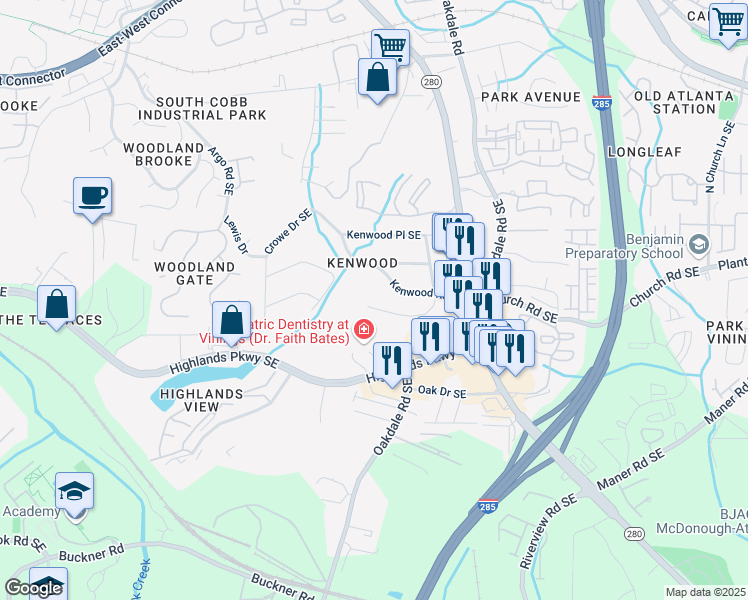 map of restaurants, bars, coffee shops, grocery stores, and more near 5080 Fairmont Road Southeast in Smyrna