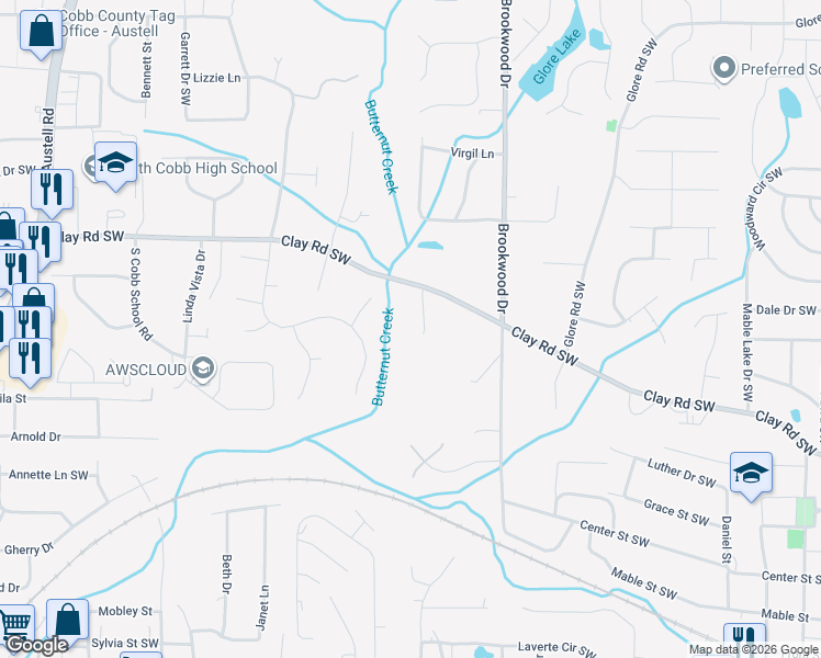 map of restaurants, bars, coffee shops, grocery stores, and more near 5008 Henson Drive in Mableton