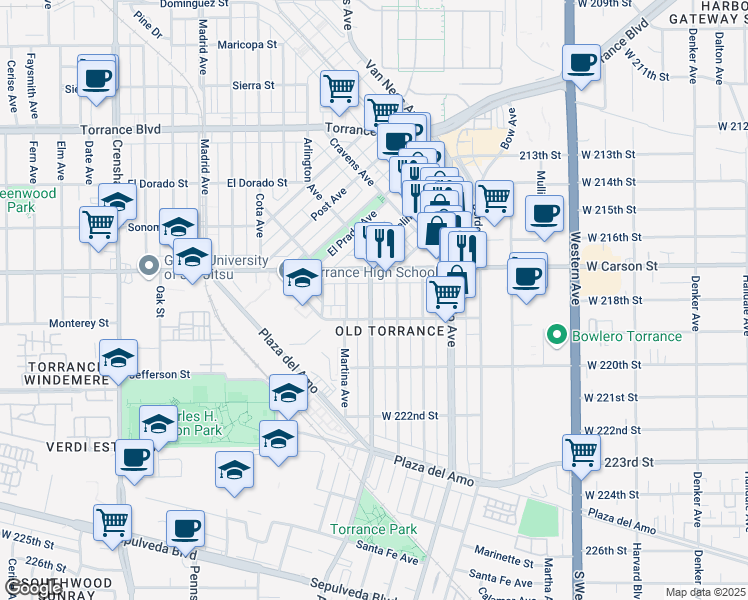 map of restaurants, bars, coffee shops, grocery stores, and more near 1736 Arlington Avenue in Torrance
