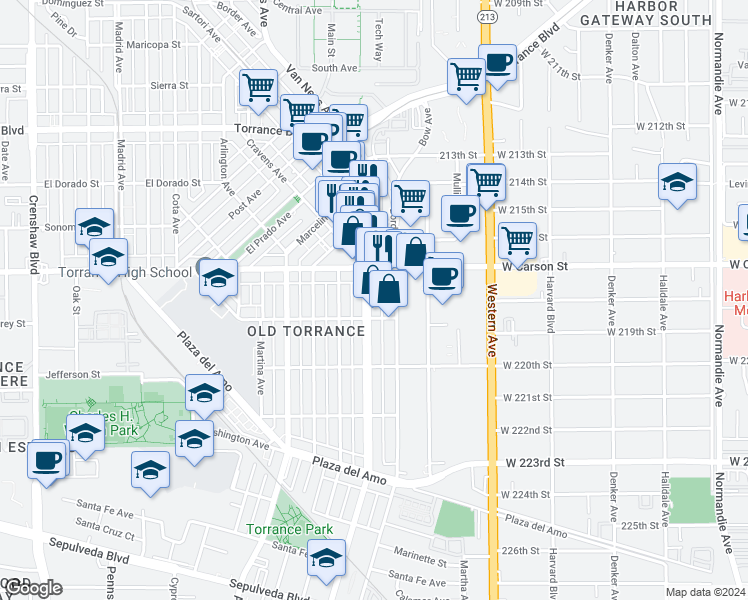 map of restaurants, bars, coffee shops, grocery stores, and more near 1734 Cabrillo Avenue in Torrance