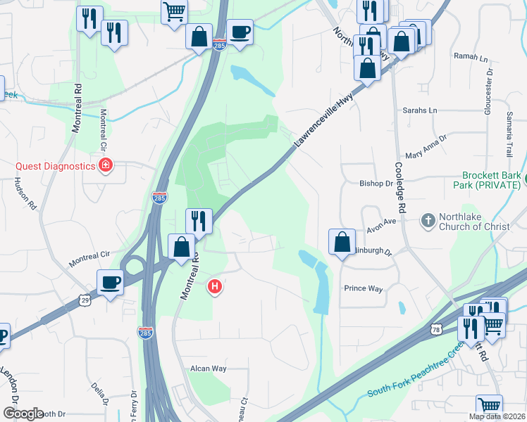 map of restaurants, bars, coffee shops, grocery stores, and more near 3071 Lawrenceville Highway in Tucker