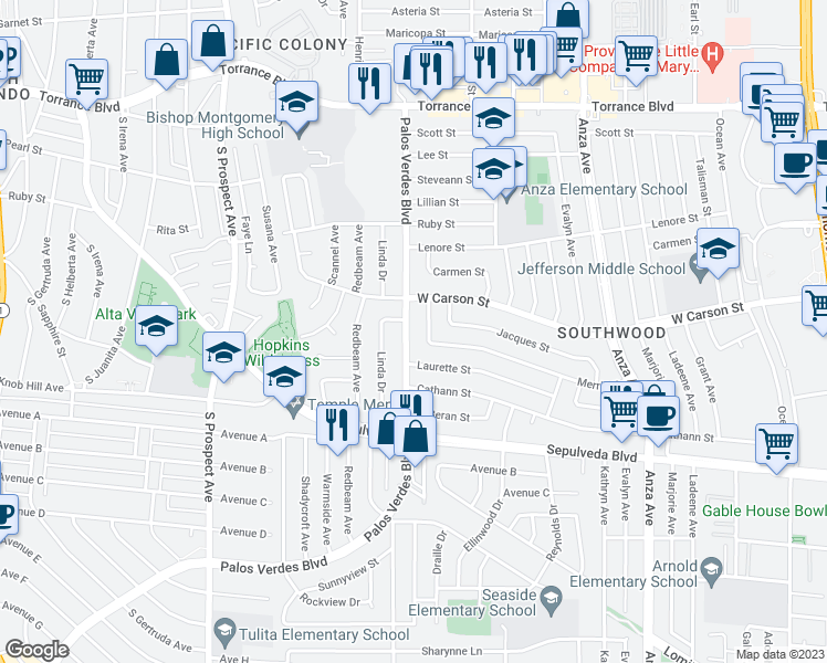 map of restaurants, bars, coffee shops, grocery stores, and more near 21814 Palos Verdes Boulevard in Torrance