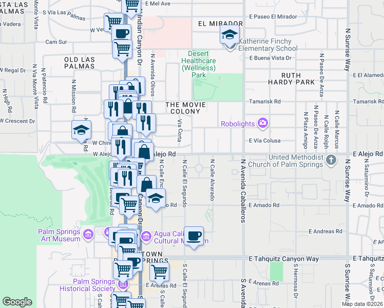 map of restaurants, bars, coffee shops, grocery stores, and more near East Alejo Road & North Vía Miraleste in Palm Springs
