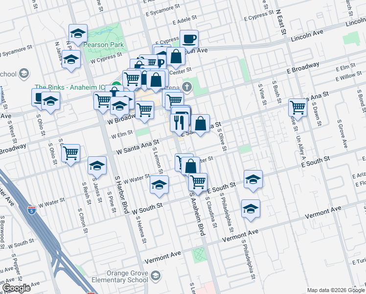 map of restaurants, bars, coffee shops, grocery stores, and more near 520 South Anaheim Boulevard in Anaheim
