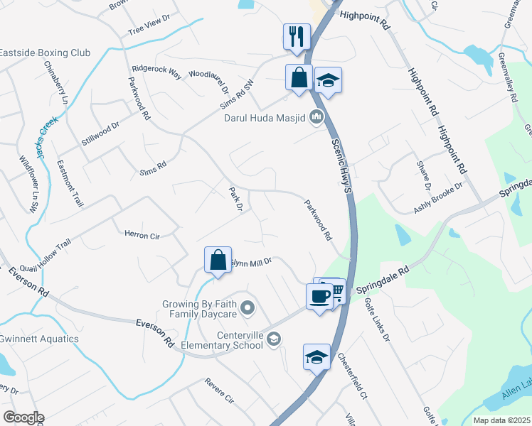 map of restaurants, bars, coffee shops, grocery stores, and more near 3089 Fox Chase Court in Snellville